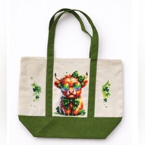 Green and Cream Tote Bag with Cow Design
